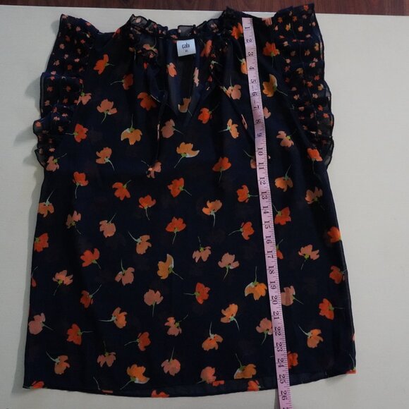 Cabi floral navy ruffle blouse sleeveless - Picture 6 of 8